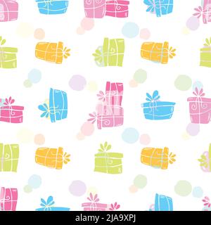 Vector seamless pattern with gift boxes and spots in pastel colors. Delicate Light multi-colored, cute, romantic background with varios spots of Stock Vector