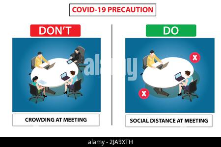 Social distance poster for meeting room. Employees are meeting together in meeting room with maintain social distancing. Covid 19 awareness poster for Stock Vector