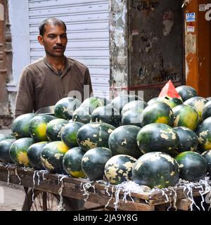 Old Delhi, India – April 15, 2022 - Portrait of shopkeepers or street vendors in Chandni Chowk market of Delhi, Old Delhi Street Photography Stock Photo