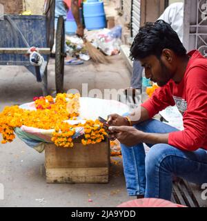 Old Delhi, India – April 15, 2022 - Portrait of shopkeepers or street vendors in Chandni Chowk market of Delhi, Old Delhi Street Photography Stock Photo