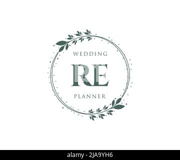 RE Initials letter Wedding monogram logos collection, hand drawn modern minimalistic and floral templates for Invitation cards, Save the Date, elegant Stock Vector