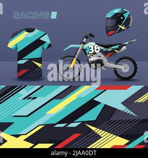 Racing motorbike t shirt helmet livery realistic mockup with abstract geometric background design isolated vector illustration Stock Vector