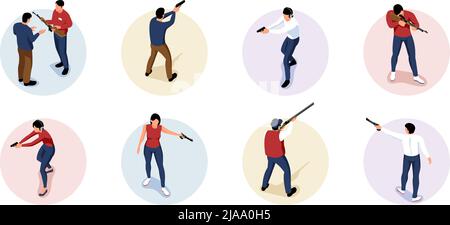 Set with isolated isometric shooting range circle compositions with human characters pointing guns with pistols rifles vector illustration Stock Vector