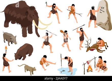 Isometric primitive people set with isolated icons of ancient beasts and first men with labor instruments vector illustration Stock Vector