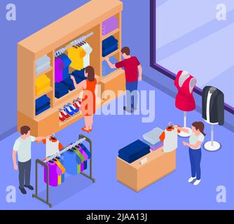 Fast fashion problems isometric infographic composition with indoor view of clothing store boutique with human characters vector illustration Stock Vector