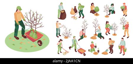 Isometric spring gardening icon set workers collect leaves care for trees and greenery plant trees weed beds vector illustration Stock Vector