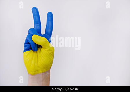 Man's hand painted in colors of Ukrainian flag showing a symbolic peace gesture over isolated white background. Copy space, close up. Stock Photo