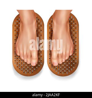 Realistic yoga sadhu feet top composition feet standing on a bed of nails vector illustration Stock Vector