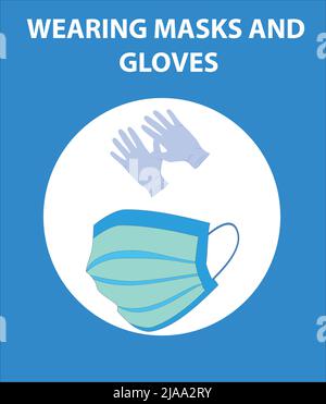 Use mask and hand gloves at office and work place to protect from covid 19. Safety poster of corona virus. Stock Vector
