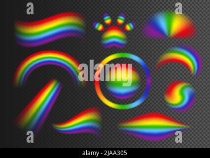 Rainbow realistic set with multicolored abstract elements in wavy round and arch shapes on dark transparent background isolated vector illustration Stock Vector