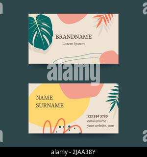 Business card design in soft pastel colors. Modern concept with liquid, drops, brush, flowers, leaves, lines,blots Monstera branches. Vector Stock Vector