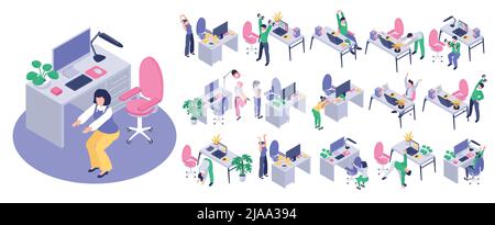Isometric isolated workplace workout icon set squatting next to the ...