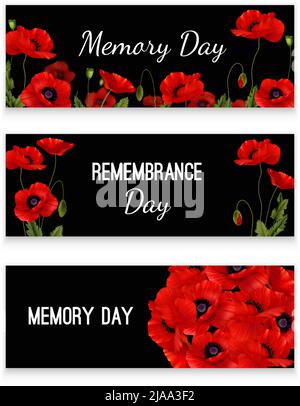 Memory day horizontal banners decorated with red poppies flowers on black background realistic vector illustration Stock Vector