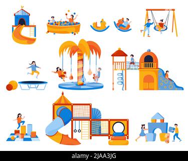 Mall children playroom elements flat set with kids having fun on playground equipment isolated vector illustration Stock Vector