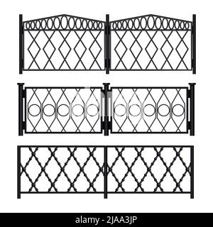 Retro wrought iron fence realistic set isolated on white background monochrome vector illustration Stock Vector