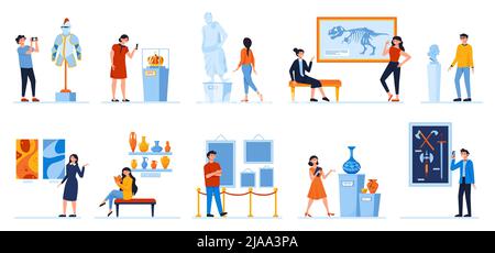 People in museum flat set of guides conducting excursion and visitors photographing and looking at exhibit isolated vector illustration Stock Vector