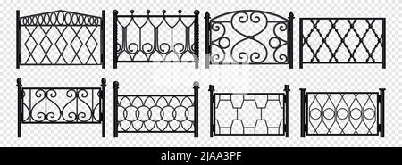 Forged metal fence sections with different pattern realistic set on transparent background isolated vector illustration Stock Vector
