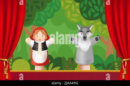 Children perform puppet show on stage Royalty Free Vector