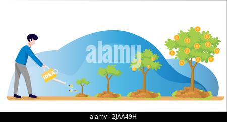 Business concept for how idea is grow from small to big level. Grow money plant with implementing idea. Vector illustration of money plant for busines Stock Vector