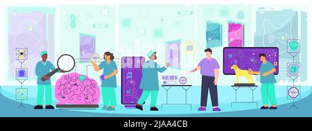 Micro chip human composition with flat futuristic laboratory scenery with people in uniform computers and sensors vector illustration Stock Vector