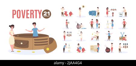 Poverty flat icon set lack of money empty piggy bank empty pockets inability to pay utility bills empty refrigerator vector illustration Stock Vector