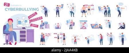 Cyberbullying set of flat isolated compositions with icons of young people using gadgets receiving toxic messages vector illustration Stock Vector