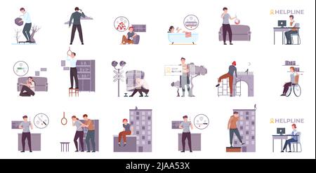 Suicide prevention set with flat isolated compositions of helpline icons and human characters preventing self murdering vector illustration Stock Vector