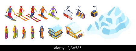 Ski resort isometric color set of people moving down from mountain on skis and snowboards isolated vector illustration Stock Vector