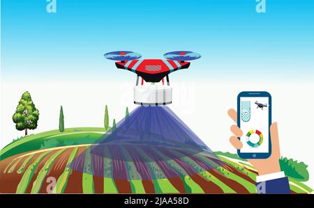 Drone farming illustration. Farming with drone using smartphone and laptop. Data annalist of the plot. Stock Vector