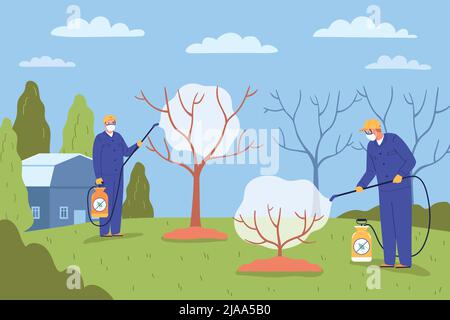 Pest control flat background with service employees in uniform with balloons spraying trees and bushes vector illustration Stock Vector