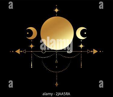 Triple Moon, Sacred Geometry, mystical arrows and crescent moon, dotted lines in boho style, wiccan icon, alchemy esoteric mystical gold sign Stock Vector