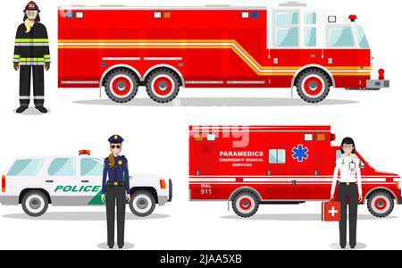 Detailed illustration of fireman, emergency doctor, police officer with fire truck, ambulance and police car in flat style on white background. Stock Vector