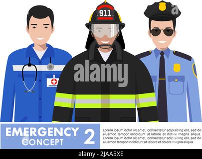 Detailed illustration of fireman, emergency doctor, police officer standing together in flat style on white background. Stock Vector
