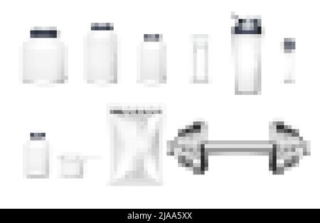 Sport nutrition package realistic set with isolated icons of white plastic bottle containers and soft bags vector illustration Stock Vector