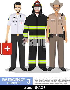 Detailed illustration of fireman, emergency doctor, police officer in uniform standing together in flat style on white background. Stock Vector