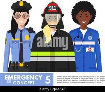 Detailed illustration of female fireman, emergency doctor, police officer in flat style on white background. Stock Vector