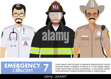 Detailed illustration of fireman, emergency doctor, police officer in uniform standing together in flat style on white background. Stock Vector