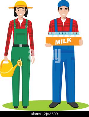 Couple of farmer gardener man and woman isolated on white background. Cute and simple in flat style. Stock Vector