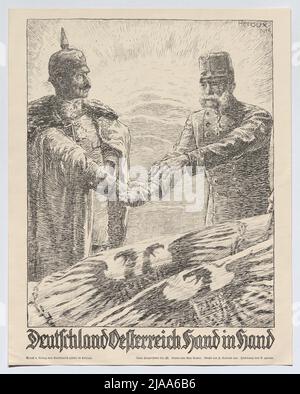 No. 65 of the 'new leaflets' (lyrics with notes and illustration): 'Germany Austria hand in hand' (Emperor Wilhelm II and Emperor Franz Joseph pass through the flags of their states). After: Bruno Heroux (1868-1944), Drawer, Max Applicant (1861-1921), Auteur, Fritz Lubrich (1888-1971), Composer, Breitkopf & Härtel, publishing house