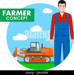 Detailed illustration of driver, farmer, workman in overalls on background with tractor in the field in flat style. Vector illustration. Stock Vector