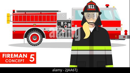 Detailed illustration of firewoman and fire truck in flat style on white background. Stock Vector