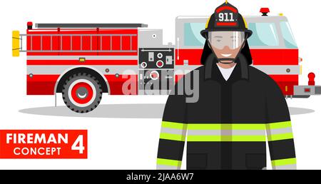 Detailed illustration of fireman and fire truck in flat style on white background. Stock Vector