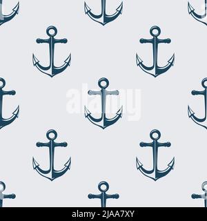 Vector Seamless Pattern with Hand drawn Anchor. Design Template for Textile, Apparel, Wallpapers. Blue Anchor on White. Antique Vintage Marine Anchors Stock Vector
