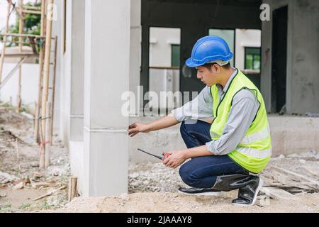 engineer foreman working checking detail of home building pillars build quality at construction site Stock Photo