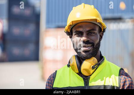 Portrait African American Black Worker with safety equipment happy smiling looking camera. Stock Photo