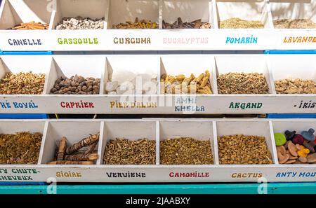 Variety of spices herbs sold in the local shop in Essaouira, Morocco Stock Photo