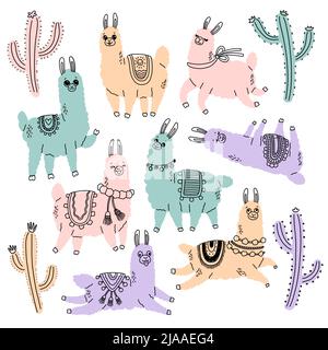 Lama and cactus color doodle vector illustration Stock Vector