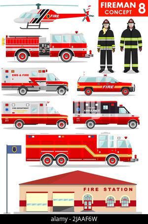 Detailed illustration of fireman, firewoman in uniform, fire station building, firetruck and helicopter in flat style on white background in flat styl Stock Vector