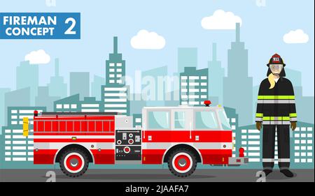 Detailed illustration of firewoman and fire truck in flat style on background with cityscape. Vector illustration. Stock Vector