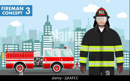 Detailed illustration of fireman and fire truck in flat style on background with cityscape. Vector illustration. Stock Vector